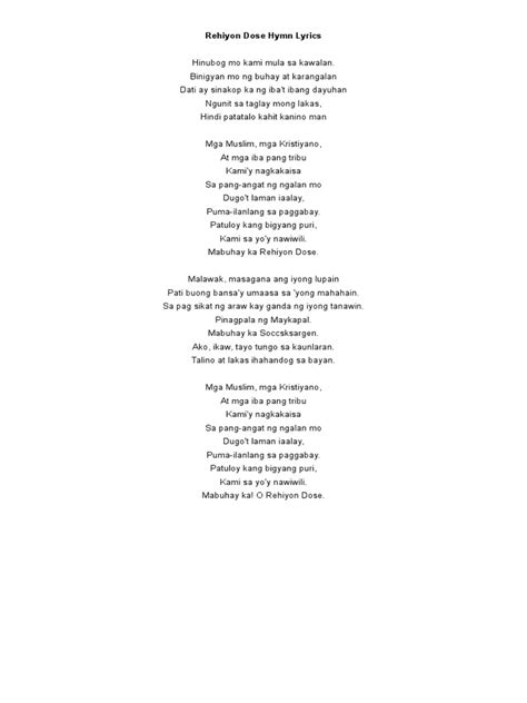 rehiyon dyes lyrics|Rehiyon Dose Hymn Lyrics .